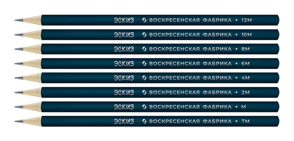 ВКФ Эскиз 8B-1700 Набор графитных карандашей заточенный ассорти 16 х 8 шт. 12М(12B), 10М(10B), 8М(8B), 6М(6B), 4М(4B), 2М(2B), М(B), ТМ(HB)