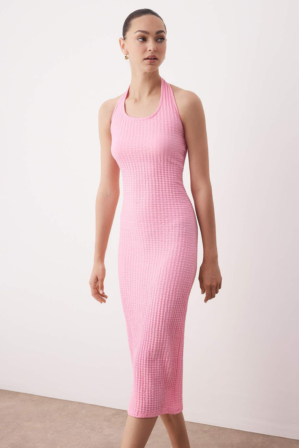 Sar? Dokulu Boyundan Gecmeli Bodycone/Vucuda Oturan Esnek Maxi Orme Elbise TWOSS25EL00900 - Trendyolmilla фото 5