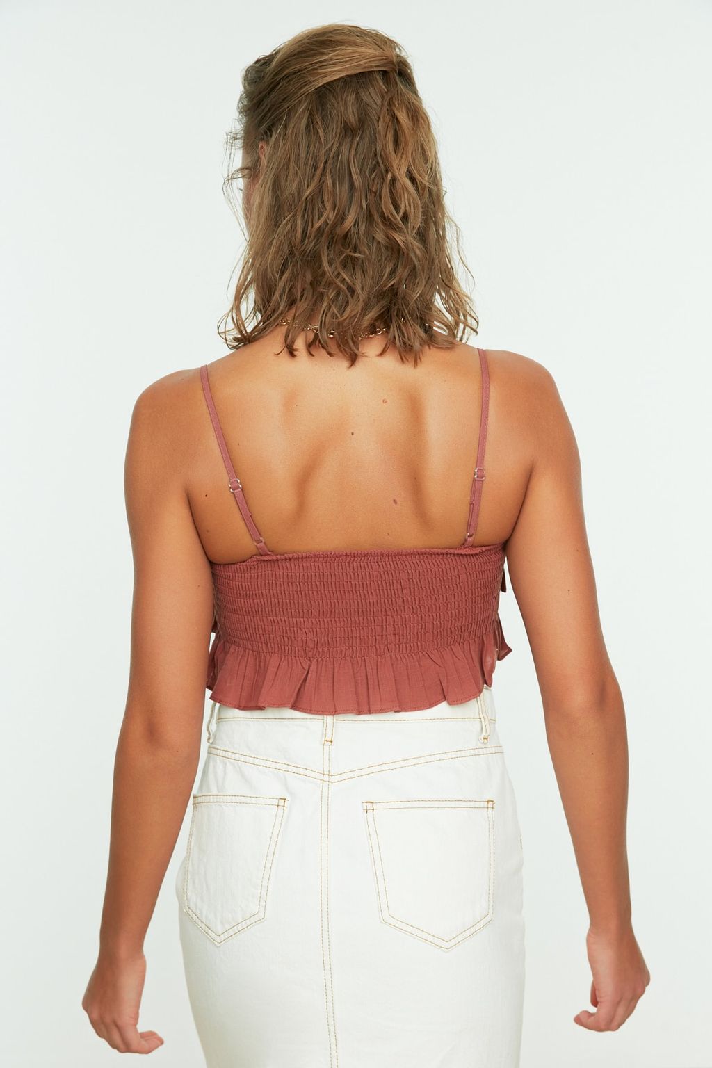 Trendyolmilla Beyaz Crop Dokuma Flaml? Pamuk F?rf?rl? Plaj Bluz TBESS21BZ0661  фото 9