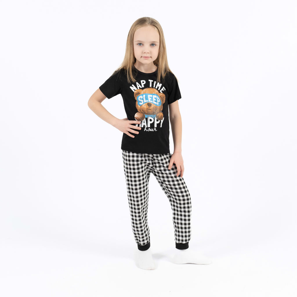 Пижама детская черная клетка принт мишка