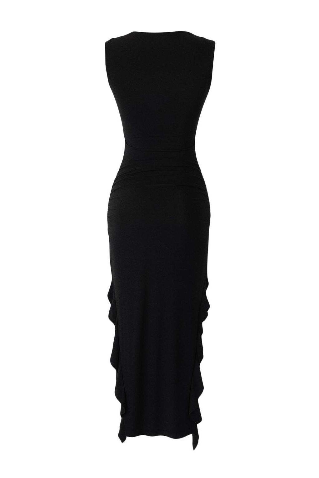 Siyah Bodycone S?f?r Kol Y?rtmacl? F?rf?r Detayl? Esnek Kal?n Sandy Maxi Kalem Elbise TWOSS24EL00688