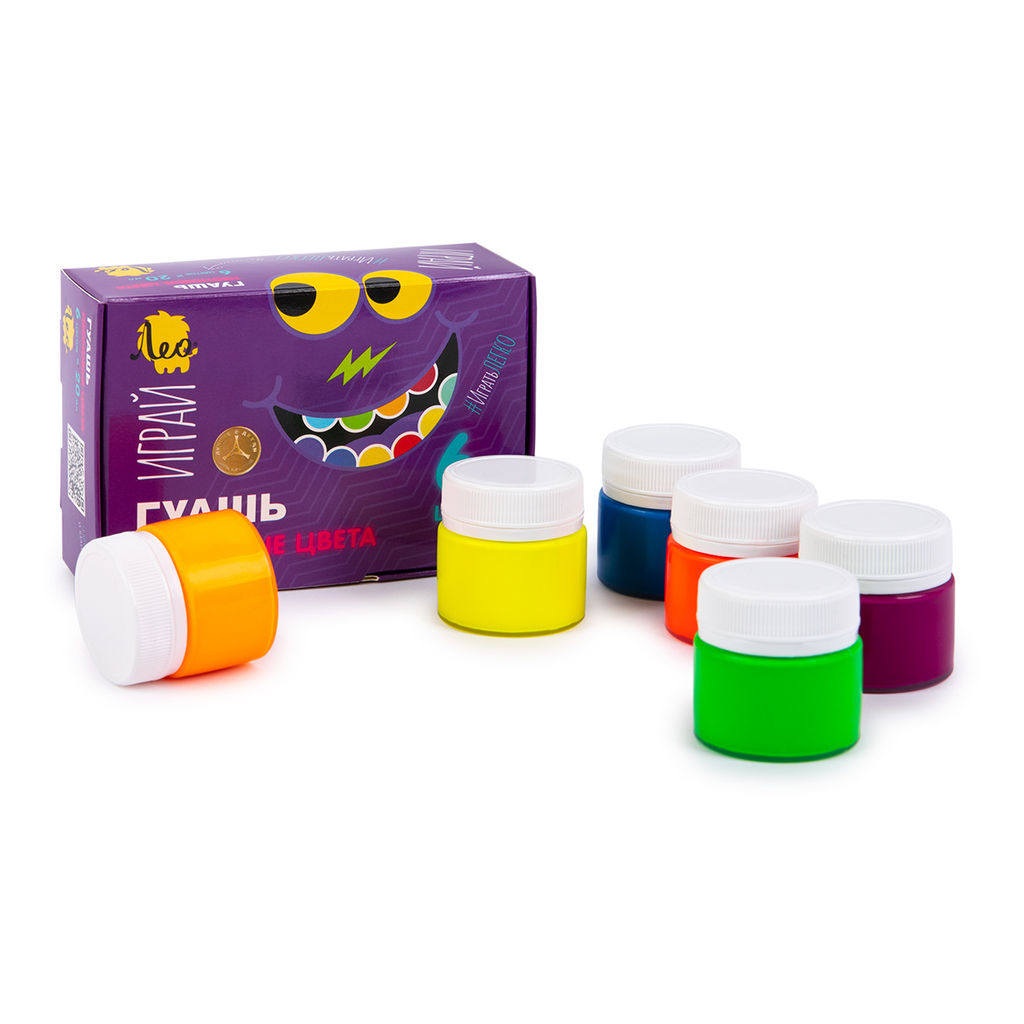 Краска гуашь Лео Играй набор неоновые цвета в картонной упаковке LPGR-0106 6 цв. х 20 мл