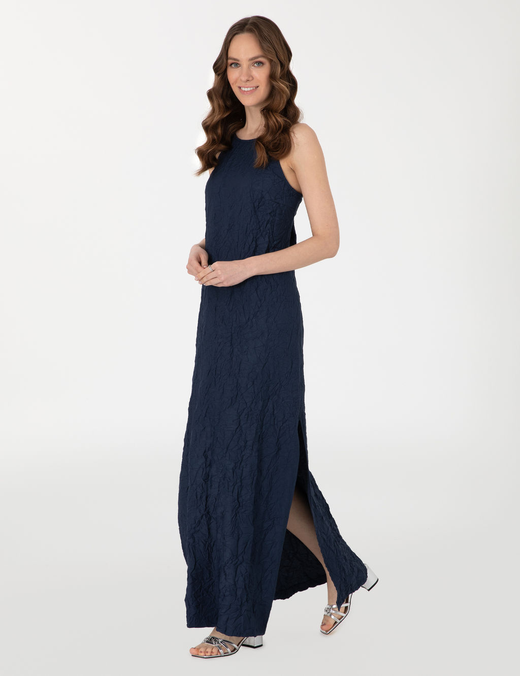 Lacivert Regular Fit Dokuma Elbise