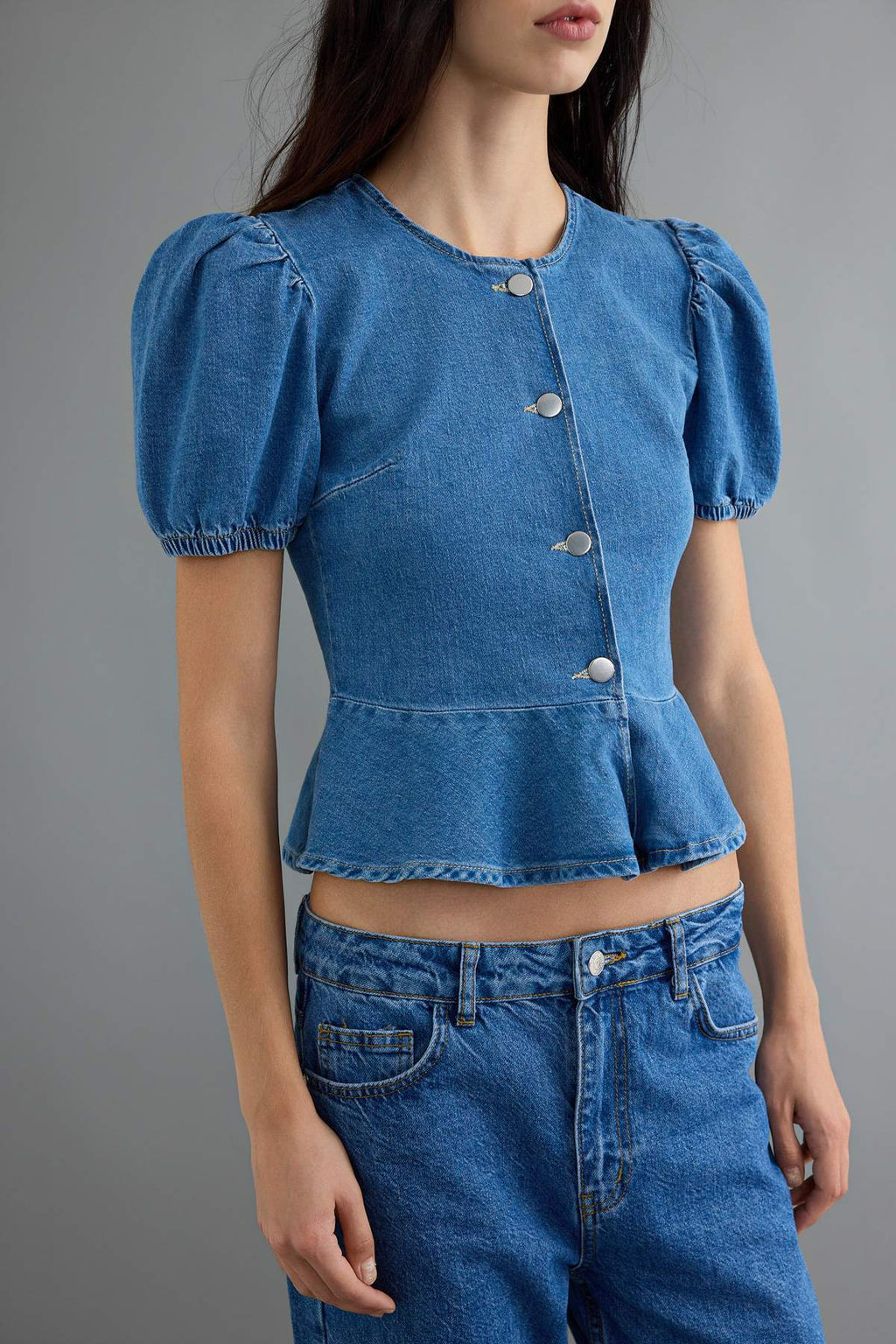 Mavi Balon Kollu D__me Detayl_ Peplum Denim Bluz TWOAW27BZ00037 - Trendyolmilla фото 4