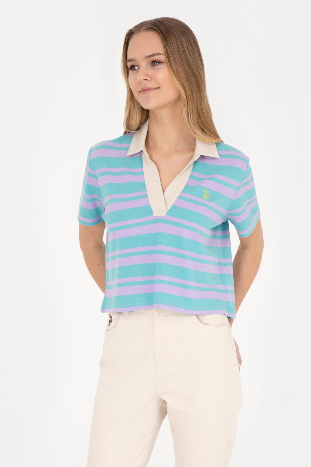 Женская сиреневая футболка с воротником-поло - U.s. polo assn фото 8