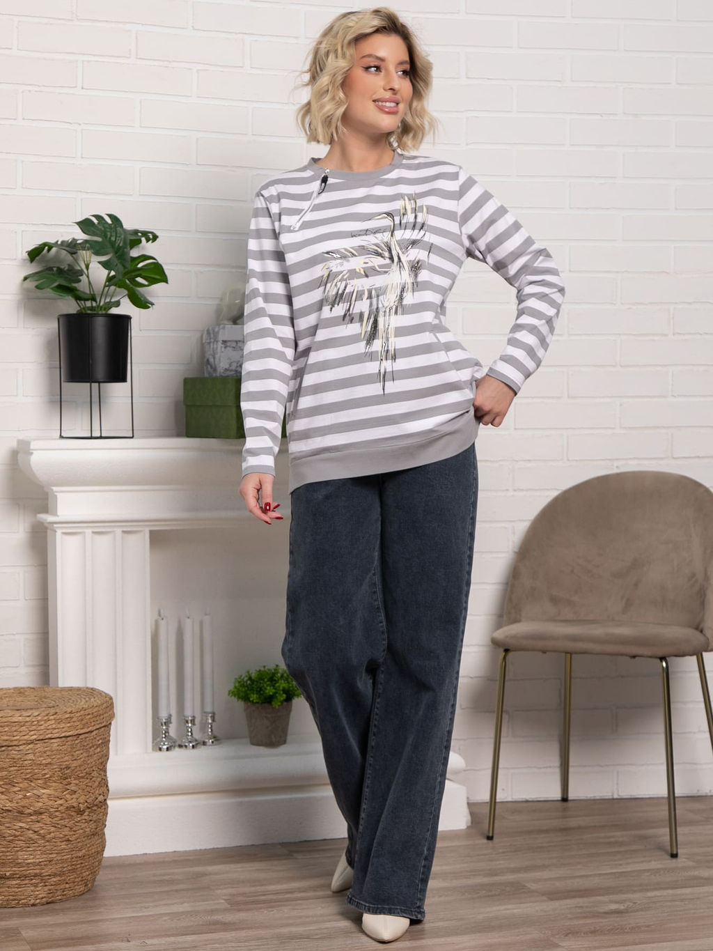 Блуза Журавлиная песня (бело-серая) Б15285-18М - Lt collection фото 2