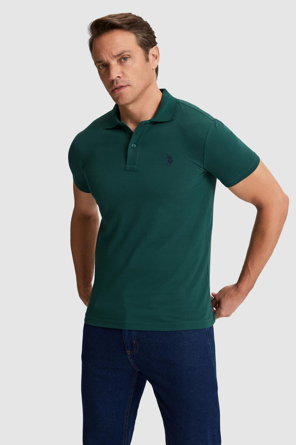 Erkek Koyu Ye_il Slim Fit Polo Yaka Basic Ti__rt