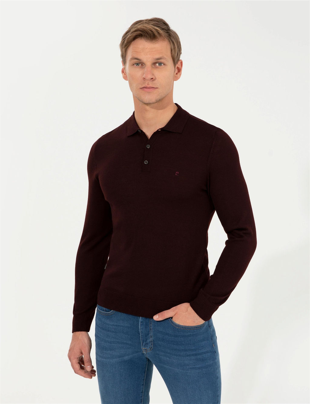 Bordo Regular Fit Polo Yaka Y_n Kar___ml_ Basic Triko Kazak - Pierre cardin фото 4