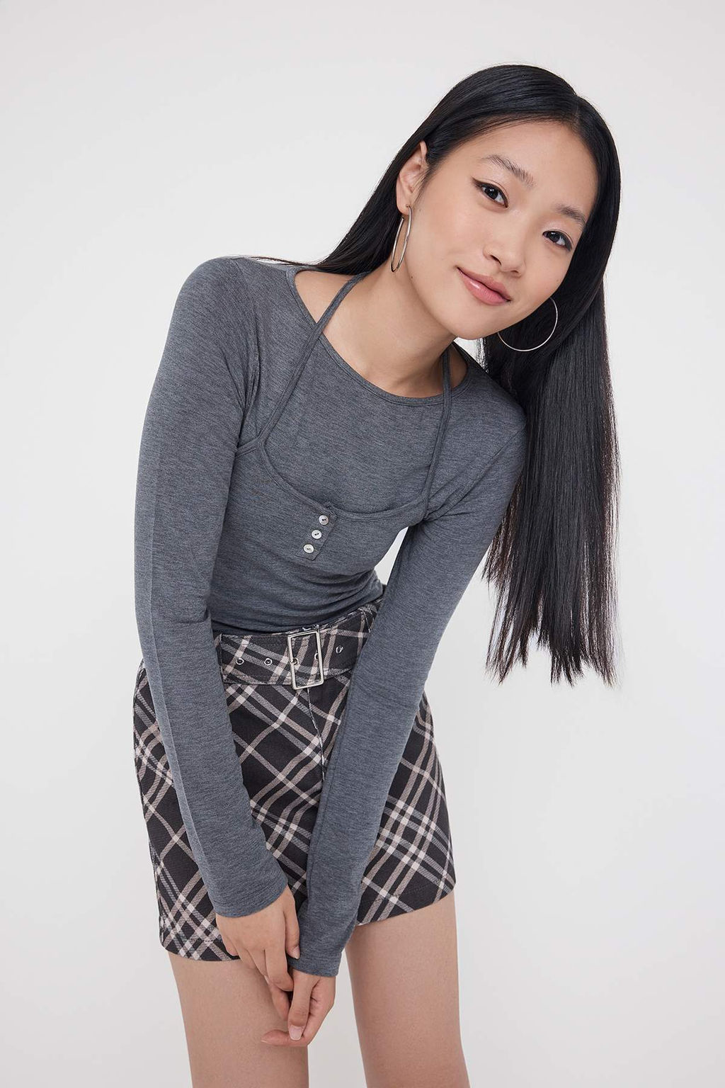 Teen Antrasit Melanj Fitted/Vucuda Oturan Cift Katl? Orme Bluz TWOAW26BZ00177