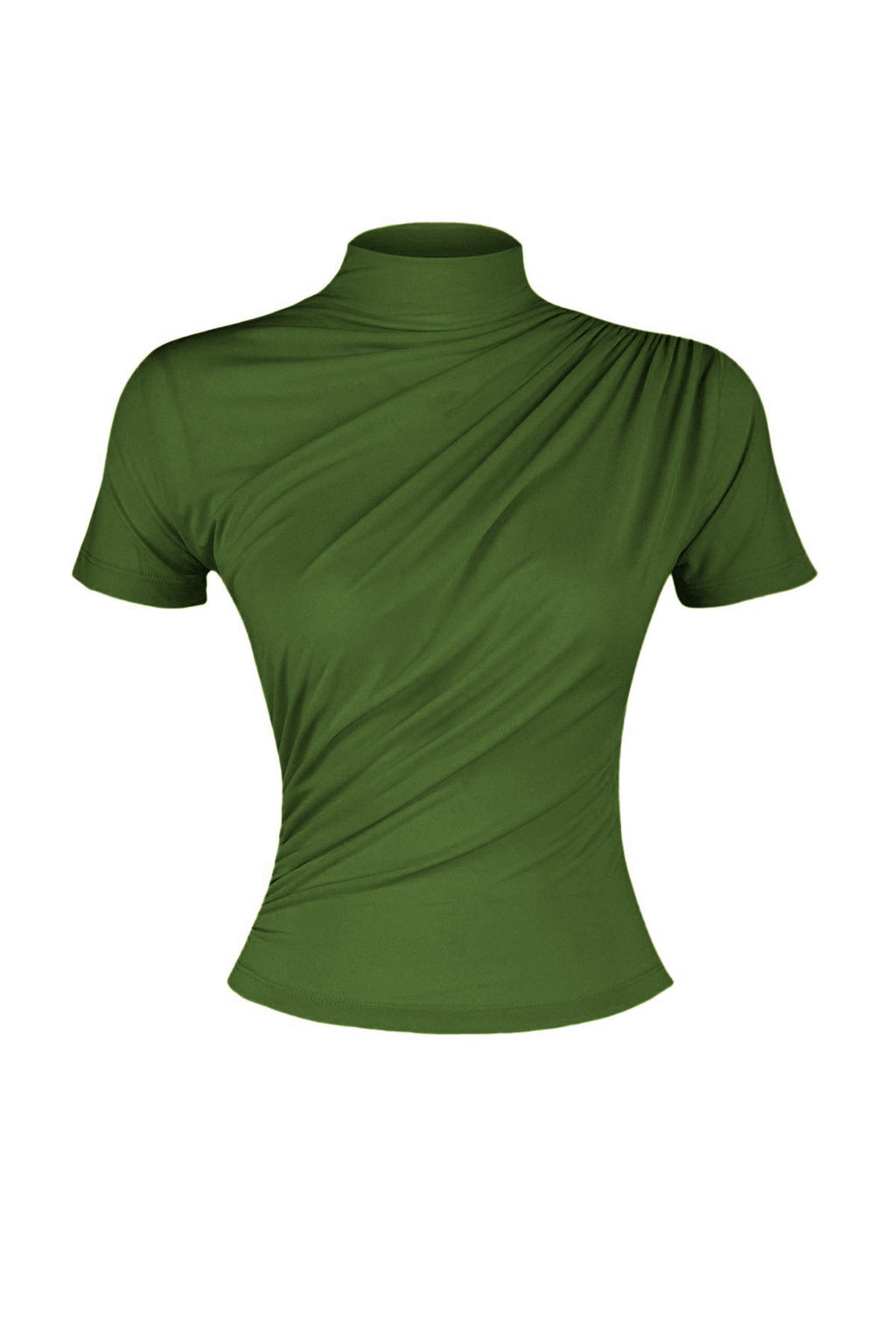 Yag Yesili Drape Detayl? Fitted/Vucuda Oturan K?sa Kollu Dik Yaka Esnek Orme Bluz TWOSS24BZ00426