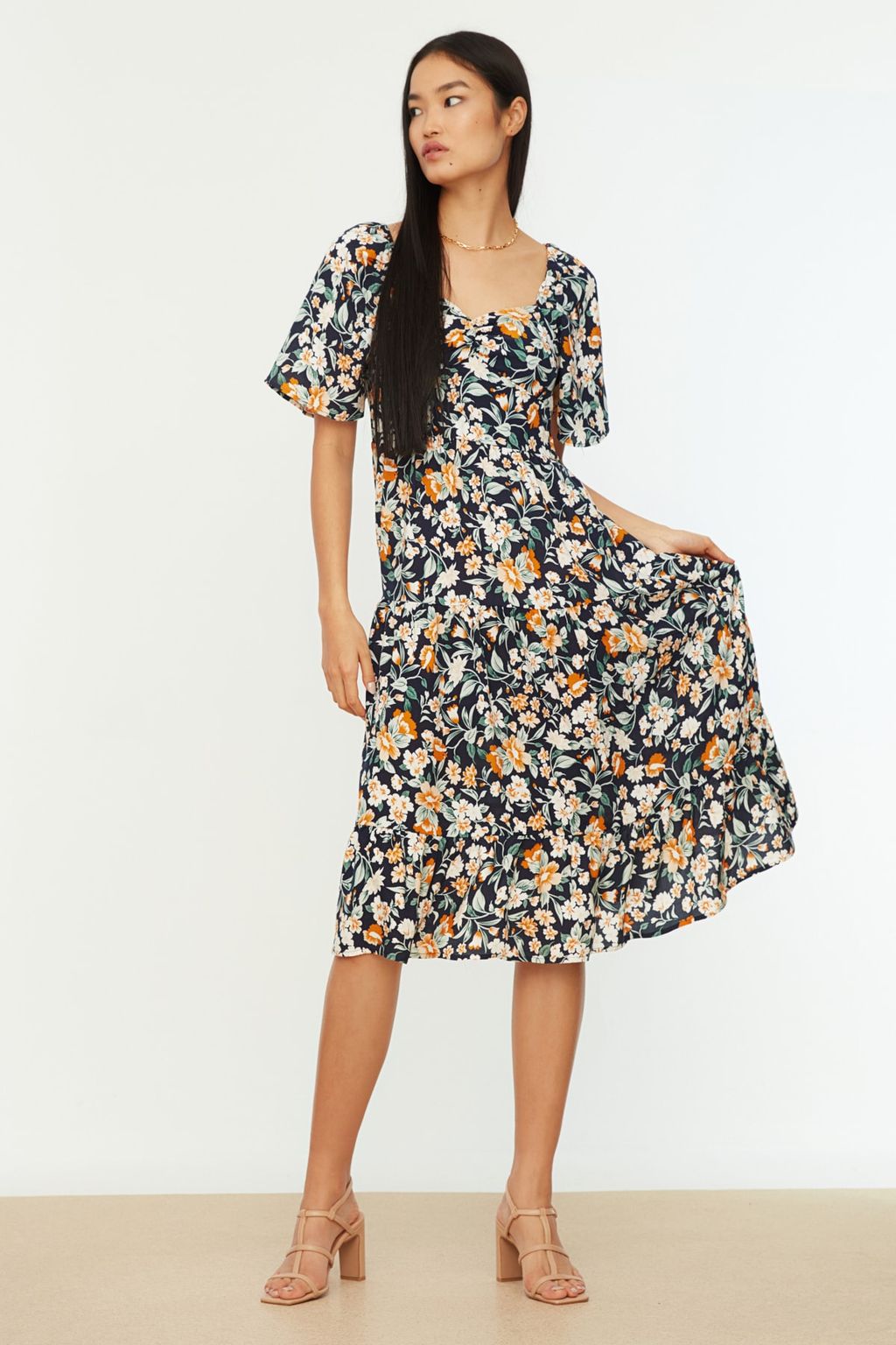 TRENDYOLMILLA Mor A Kesim Balon Kollu Cicek Desenli Midi Dokuma Elbise TWOSS20EL2323  фото 14