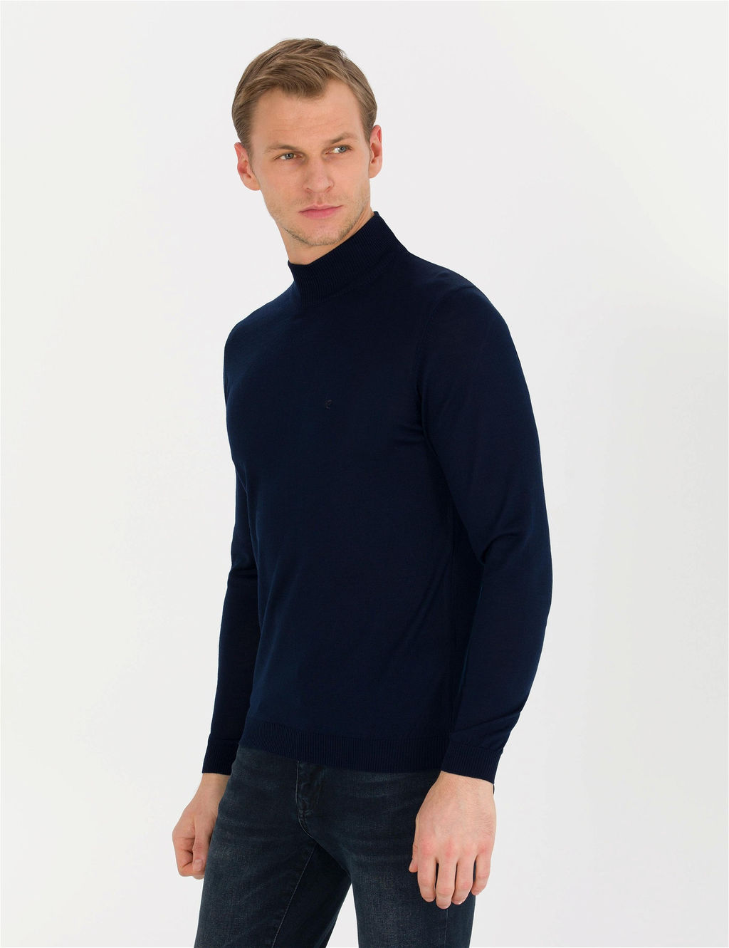 Lacivert Slim Fit Yar_m Bal_k__ Yaka Y_n Kar___ml_ Basic Triko Kazak - Pierre cardin фото 4