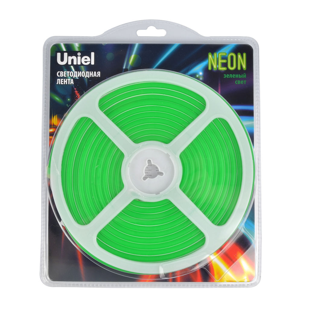 ULS-N01-2835-120LED/m-6mm-IP67-DC12V-9W/m-5M-GREEN Гибкая светодиодная лента. NEON. Катушка 5м. в блистере. Зеленый свет. ТМ Uniel