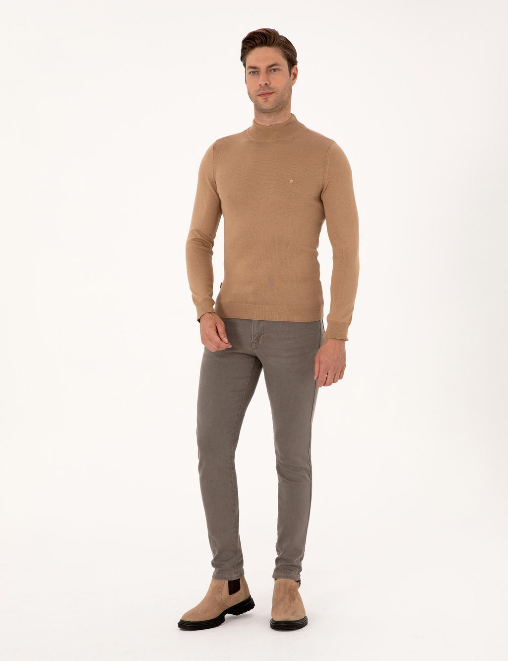 Camel Slim Fit Yar_m Bal_k__ Yaka Basic Triko Kazak