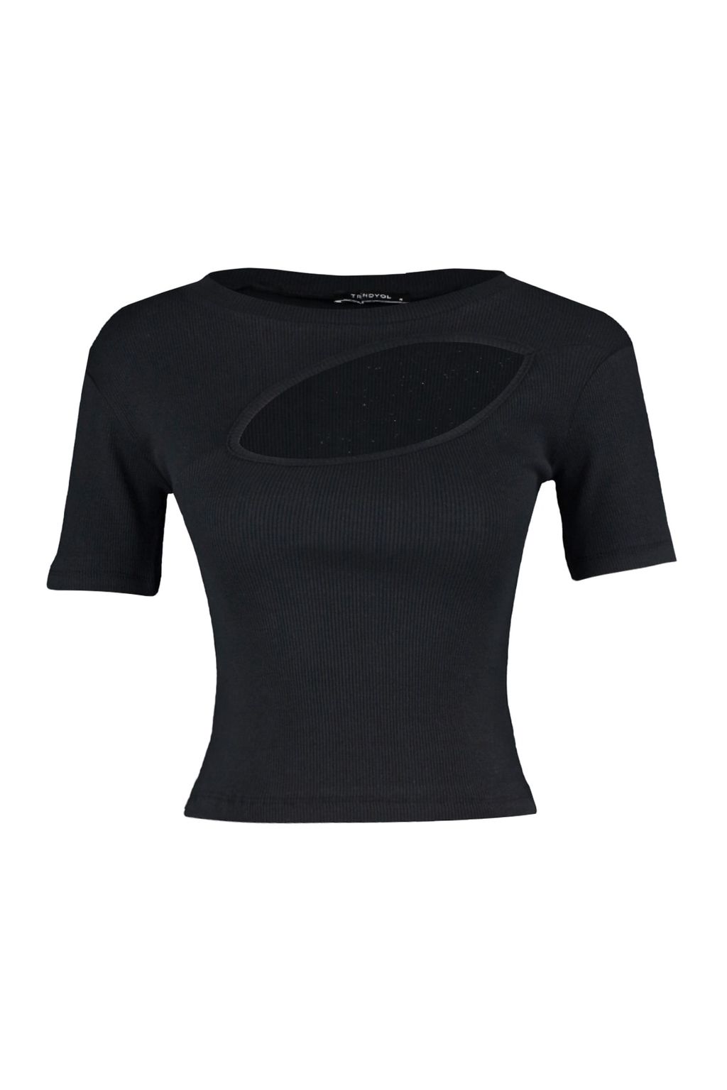 Siyah Cut Out Detayl? Fitted/Vucuda Oturan Bisiket Yaka Crop Fitilli Esnek Orme Bluz TWOSS22BZ0355
