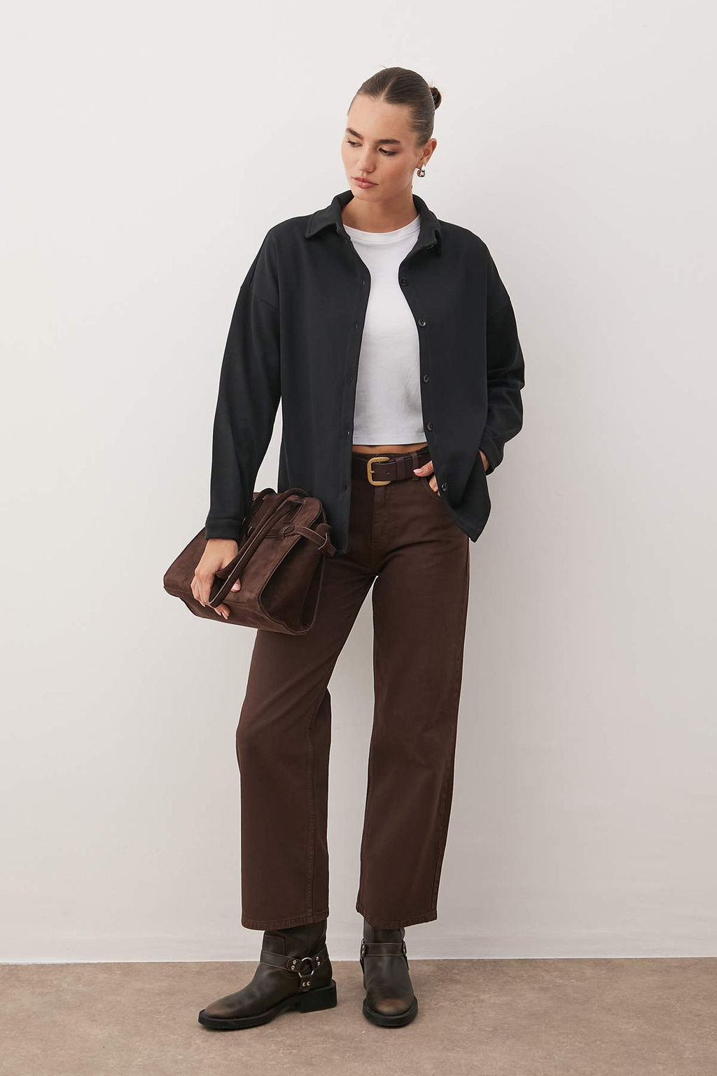 Siyah Selanik Polo Yaka Dugmeli Oversize Gomlek TWOAW26GO00117