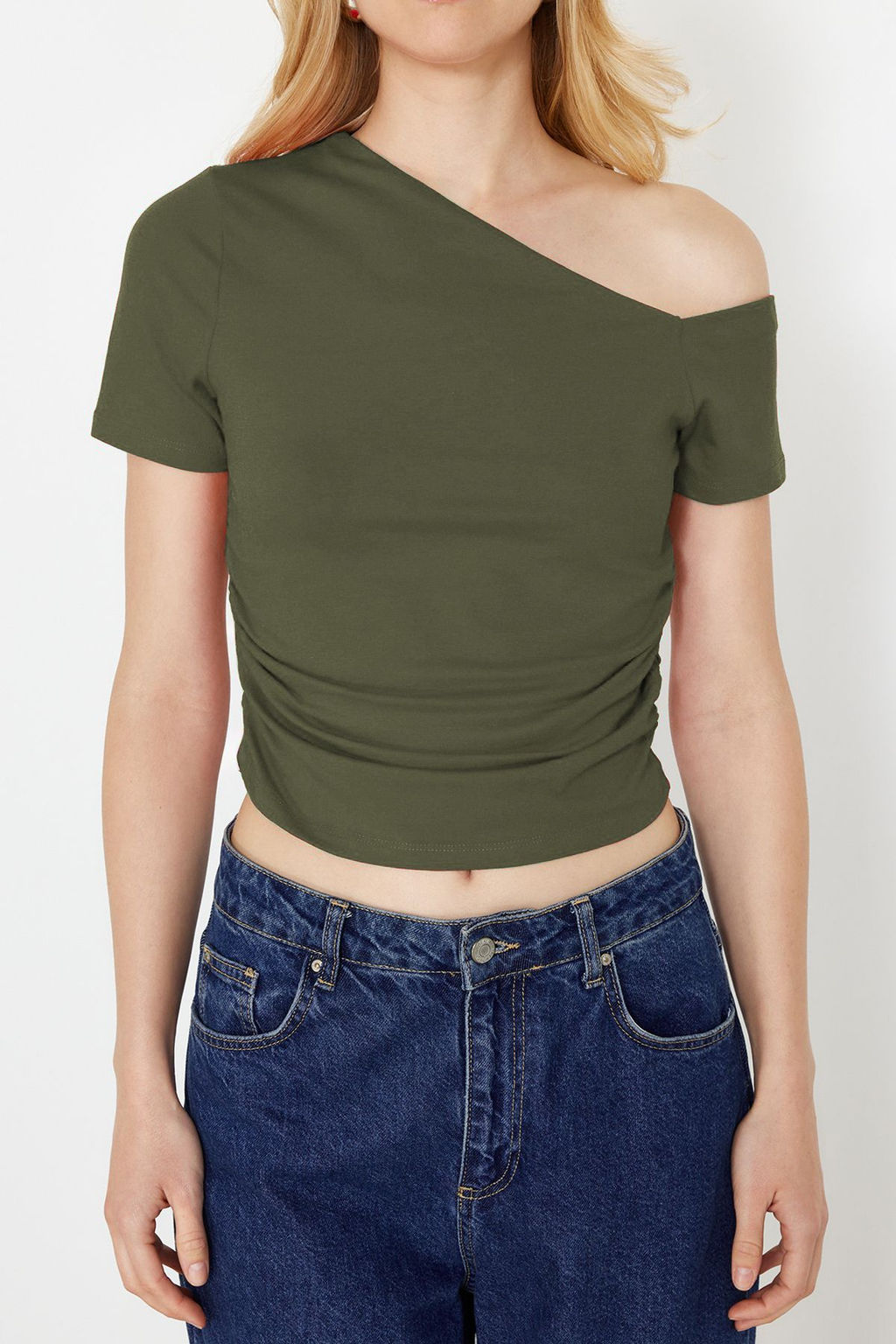 Trendyolmilla Siyah Buzgulu Asimetrik Yaka Esnek Orme Bluz TWOSS24BZ00073 фото 10