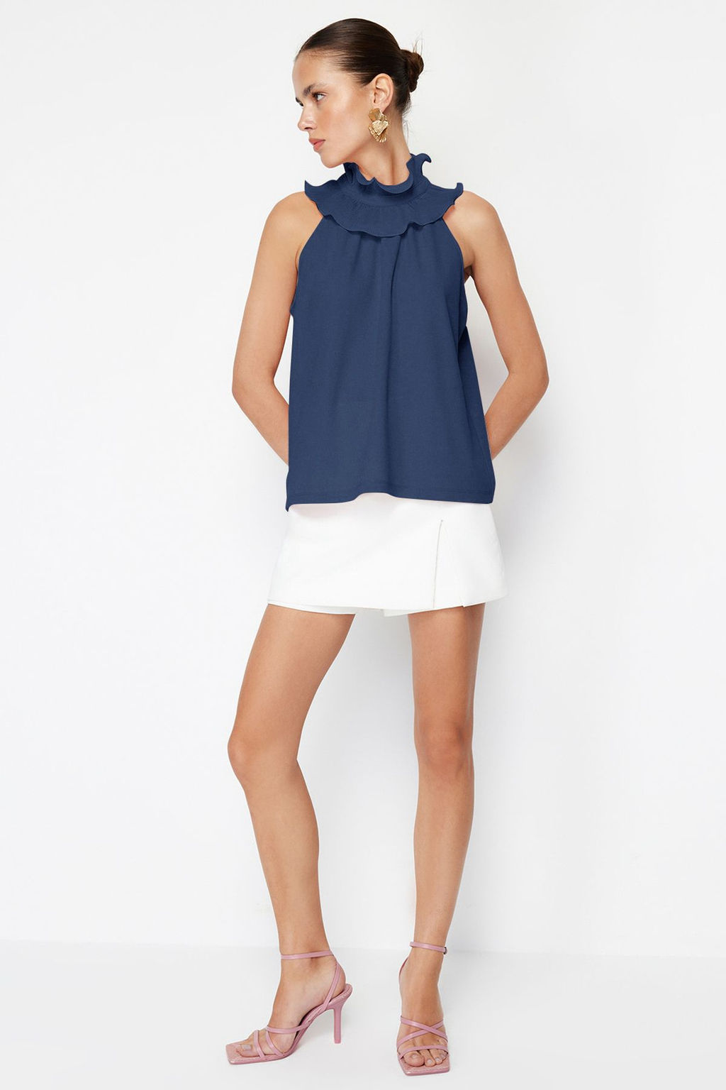 Trendyolmilla Ekru Yaka Detayl? Smart Krep Orme Bluz TWOSS23BZ00932 фото 11