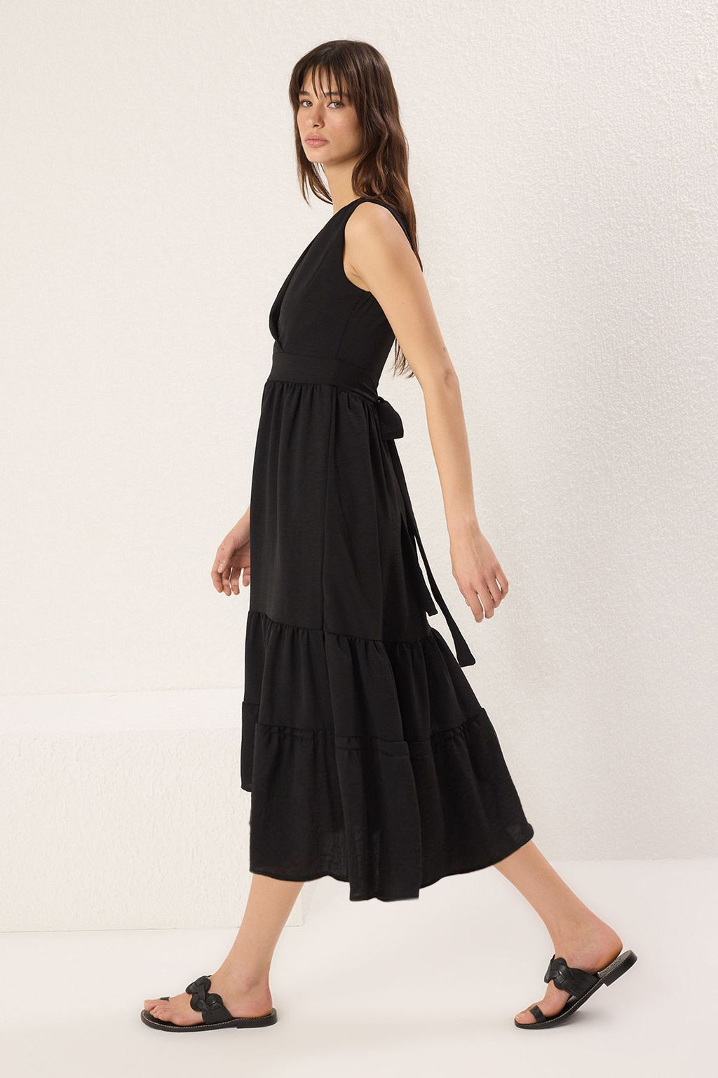 Haki Duz Etegi Belden Ac?lan Kruvaze Midi Dokuma Elbise TWOSS25EL00201 - Trendyolmilla фото 12