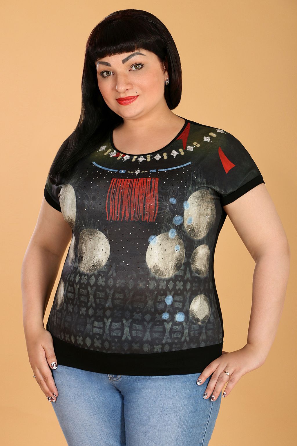 Футболка женская больших размеров со стразами стильная