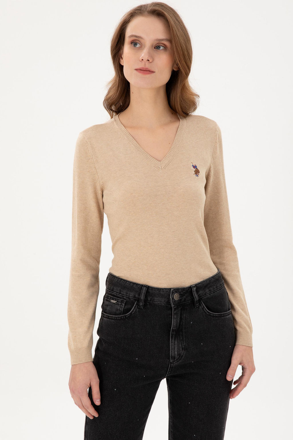 Женский базовый свитер песочного меланжа - U.s. polo assn фото 3