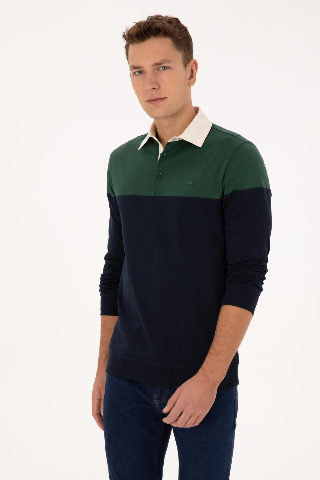 Erkek Regular Fit Polo Yaka Koyu Ye_il Sweatshirt