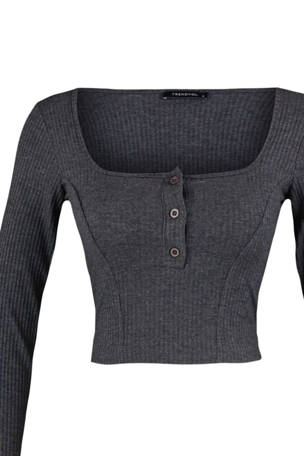 Antrasit Dugme Detayl? Kare Yaka Fitted/Vucuda Oturan Fitilli Esnek Crop Orme Bluz TWOAW23BZ00384