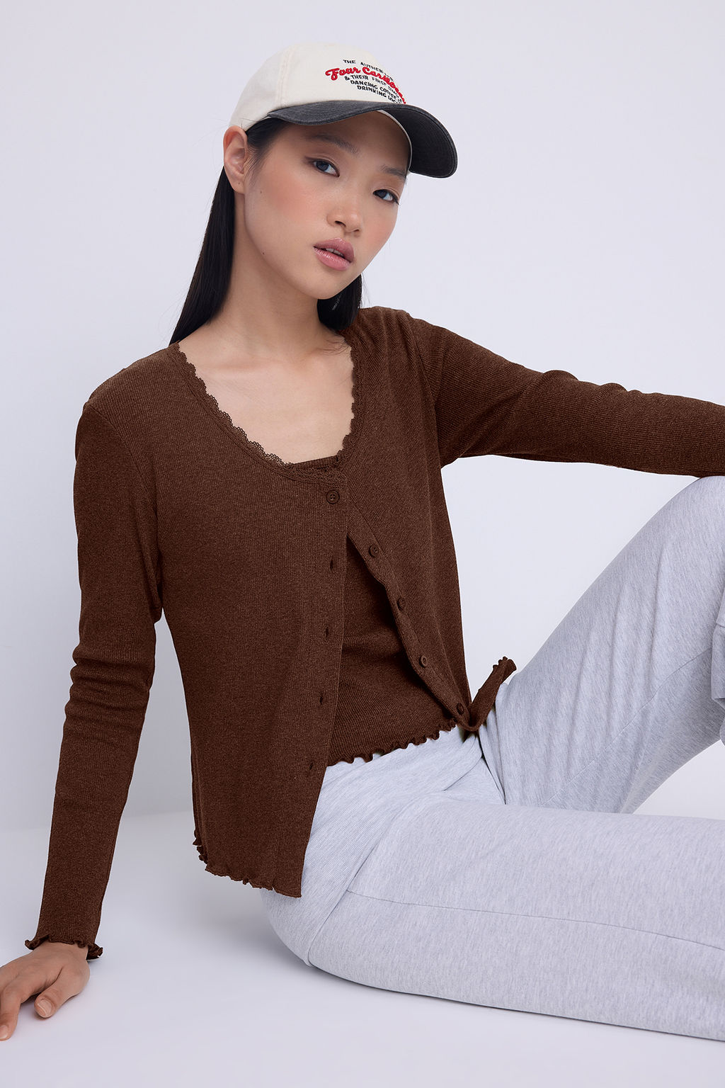Teen Kahverengi 2li Fitted/Vucuda Oturan Dugme Detayl? Fitilli Esnek Orme Bluz TWOAW26BZ00109