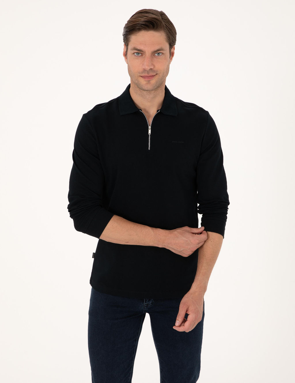 Siyah Slim Fit K_vr_lmaz Fermuarl_ Polo Yaka Basic Pike Sweatshirt - Pierre cardin фото 3