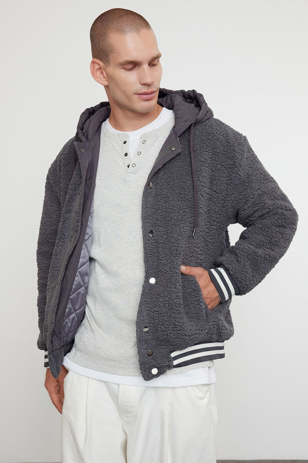 TRENDYOL MAN Ekru Unisex Relaxed Fit Lastik Detayl? Kapusonlu K?sl?k Mont TMNAW25MO00015 - Trendyolmilla фото 11