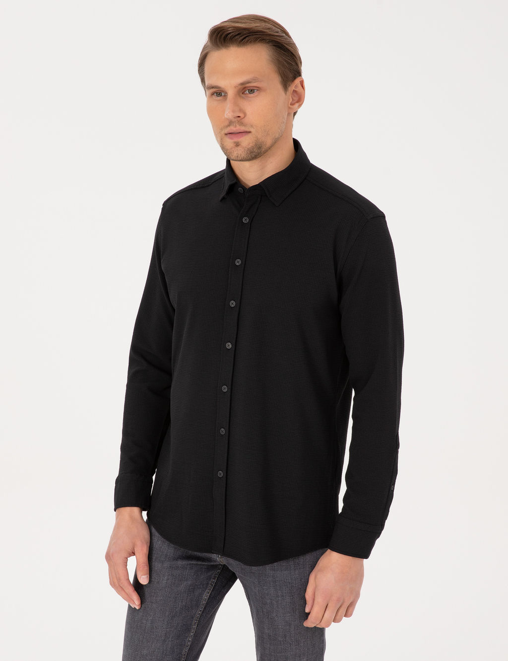 Siyah Esnek Slim Fit _izgili Uzun Kollu G_mlek
