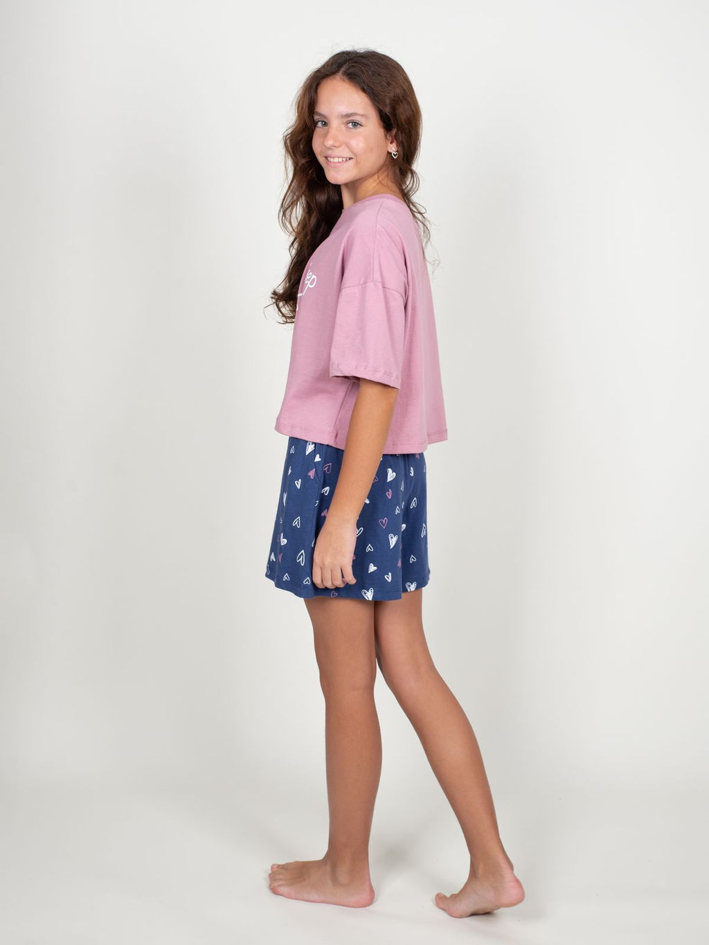 Пижама для девочки (футболка+шорты) 911 пыльная роза/сердца на синем 590 Be Friends  фото 5