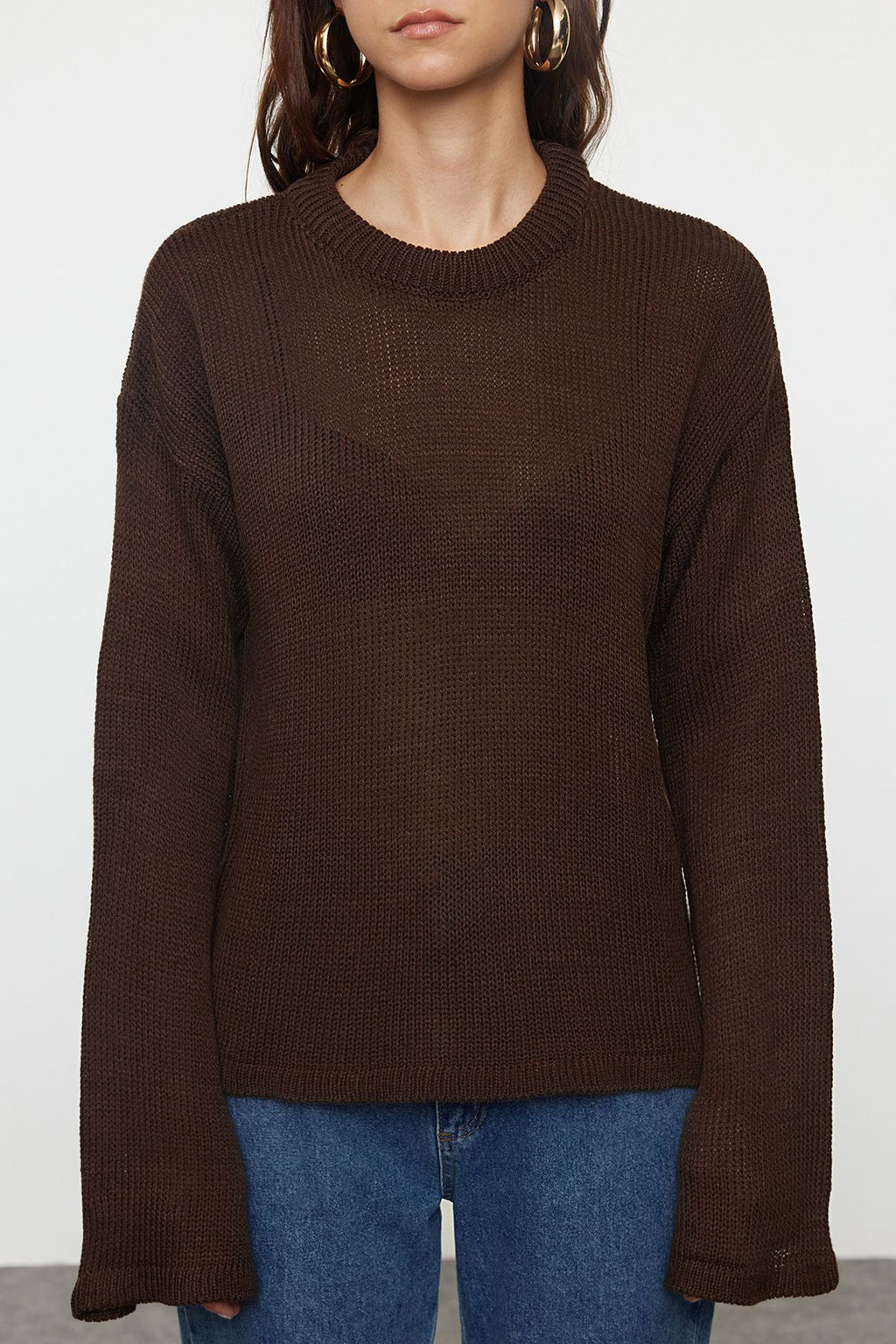 Kahverengi Genis Kal?p Yumusak Dokulu Triko Kazak TWOAW25KZ00295 - Trendyolmilla фото 5