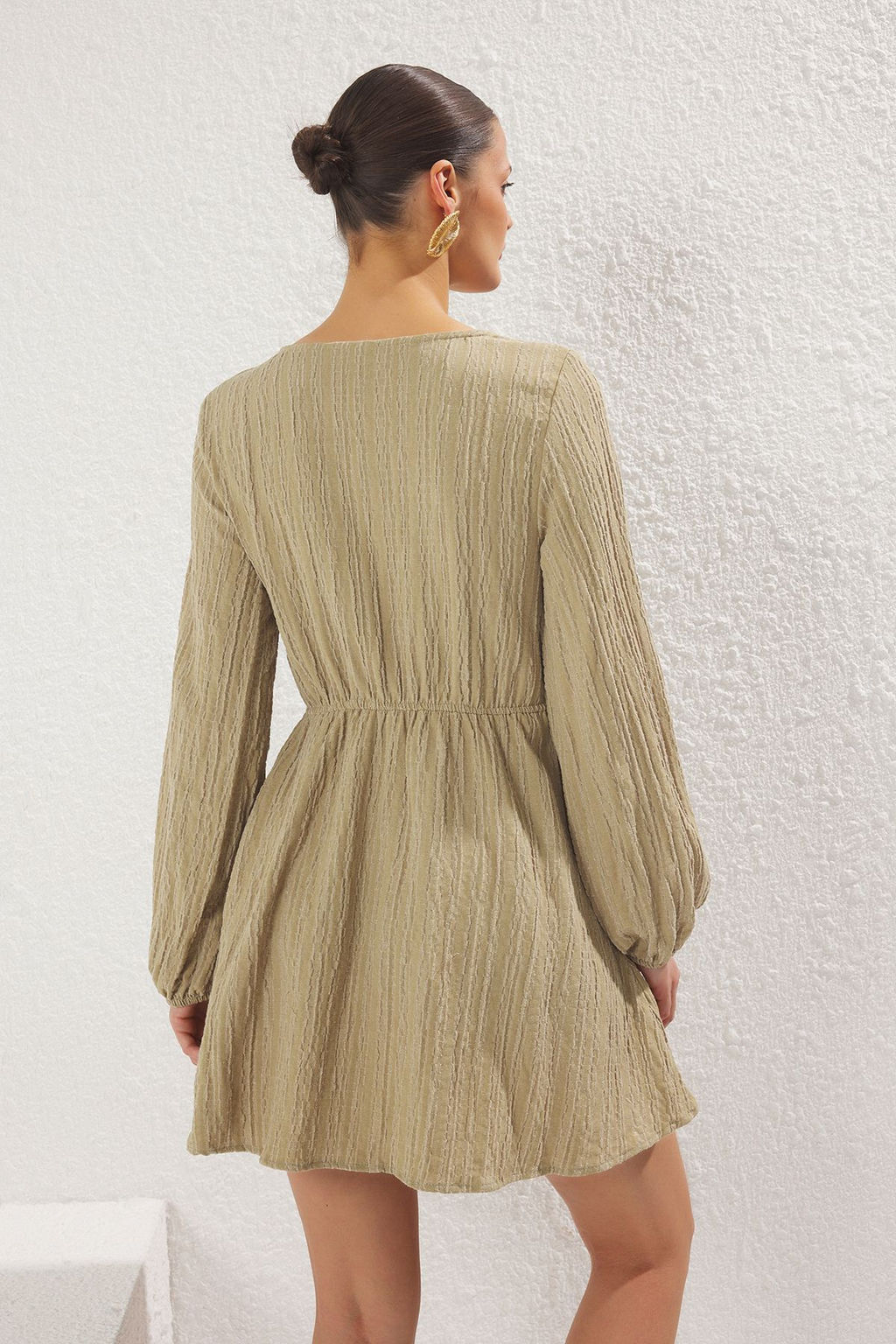 Haki Dokuma Baglama Detayl? Plaj Mini Elbise TBESS23EL00103