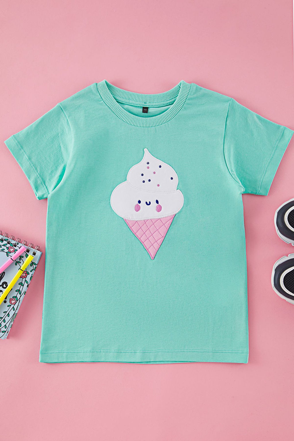 Mint K?z Cocuk %100 Pamuk Dondurma Bask?l? Regular/Normal Kal?p K?sa Kol Orme T-Shirt TKDSS25TS00070