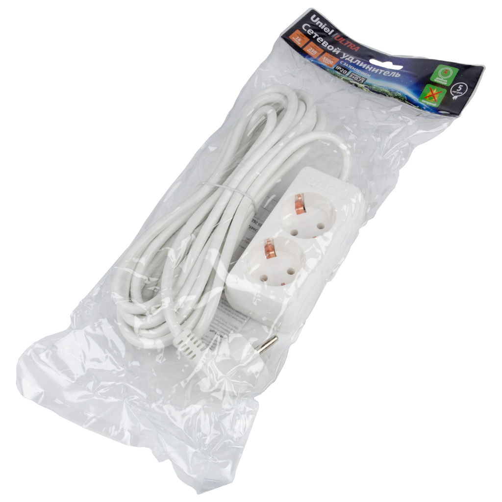 S-GCU2-5 WHITE Удлинитель серии Ultra, шнур 5м., 2 гнезда, 16A, с/з. Белый. TM Uniel