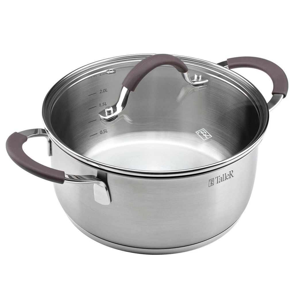 Кастрюля из нержавеющей стали Lira 2,8л, д20см, h10см, s0,5мм, дно д18см, s4мм, стеклянная жаропрочная крышка, стальной обод, пароотвод, силиконовые вставки коричневого цвета, капсулированное дно, полировка внешняя - матовая, внутренняя - матовая, - Домашняя мода фото 2