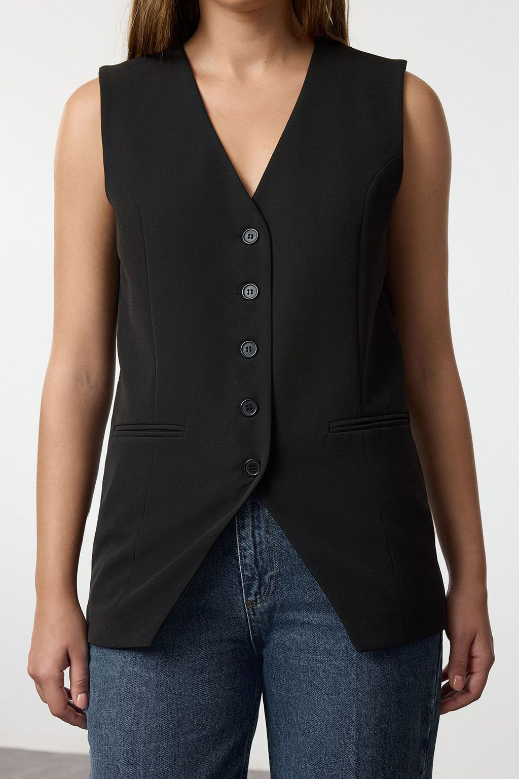 Siyah Regular V Yaka Dokuma Yelek TWOAW25YE00056 - Trendyolmilla фото 3