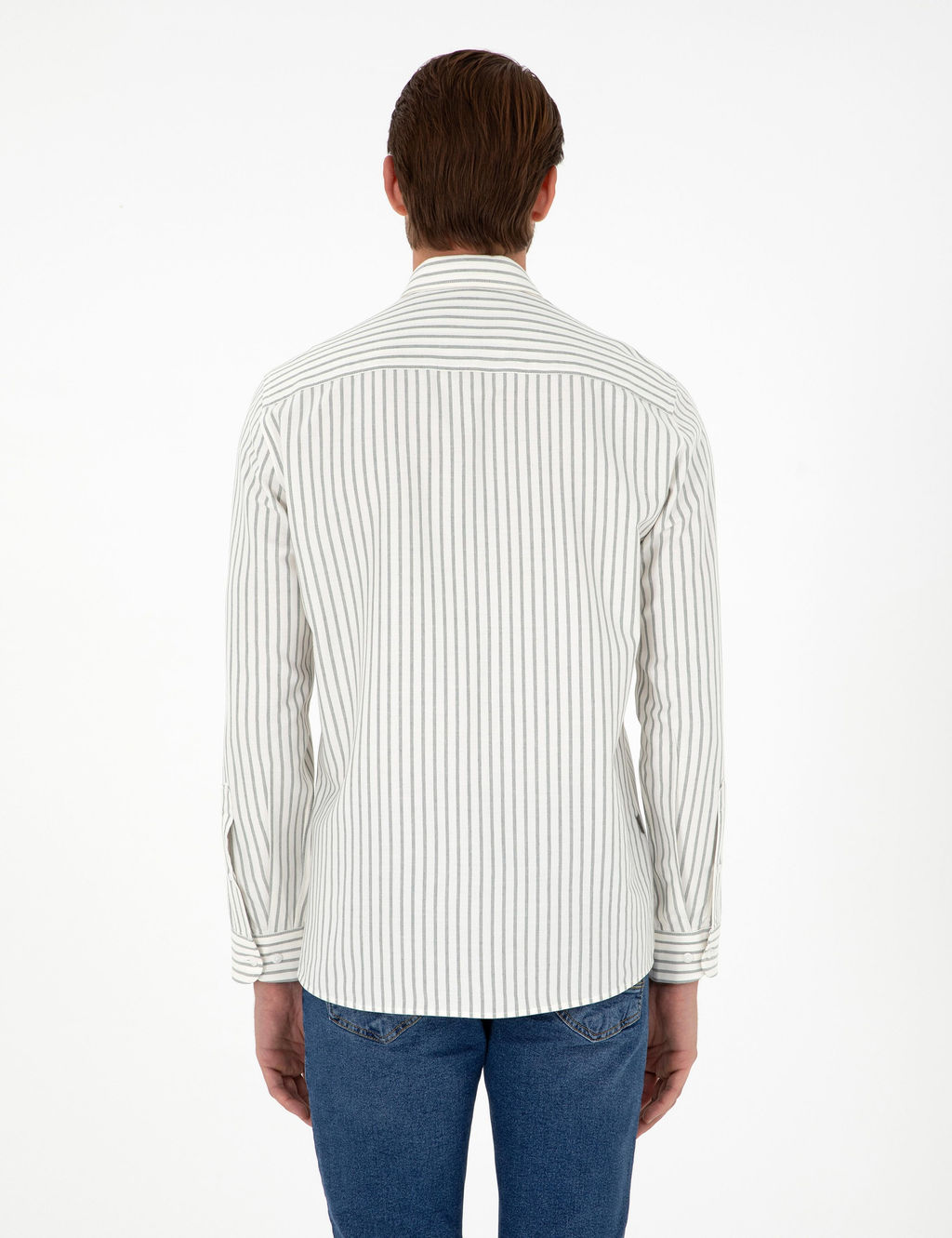 Haki _izgili Slim Fit Uzun Kollu G_mlek