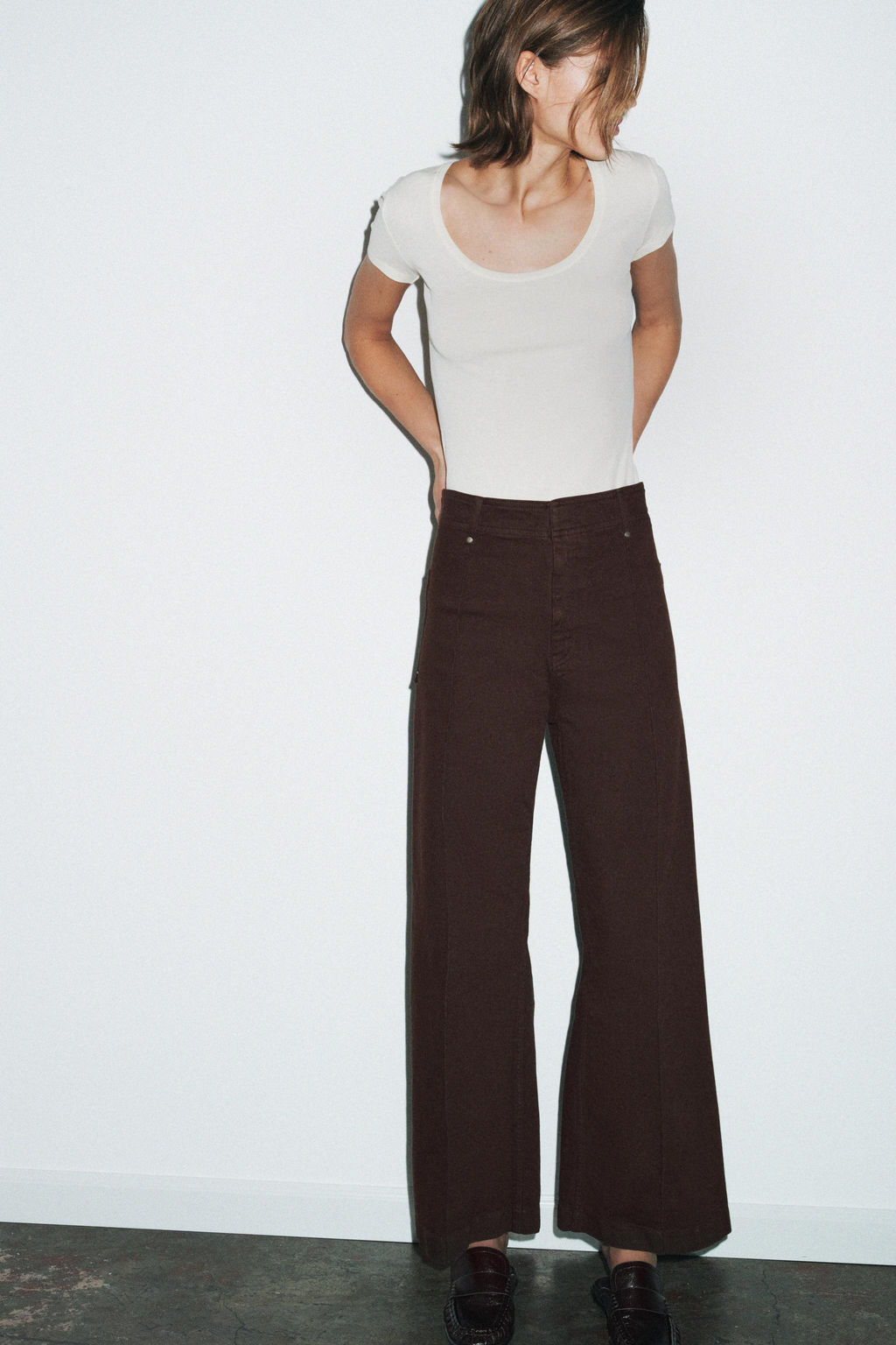 JEANS ZW COLLECTION TAILORED WIDE LEG TIRO ALTO / Chocolate - Zara фото 4