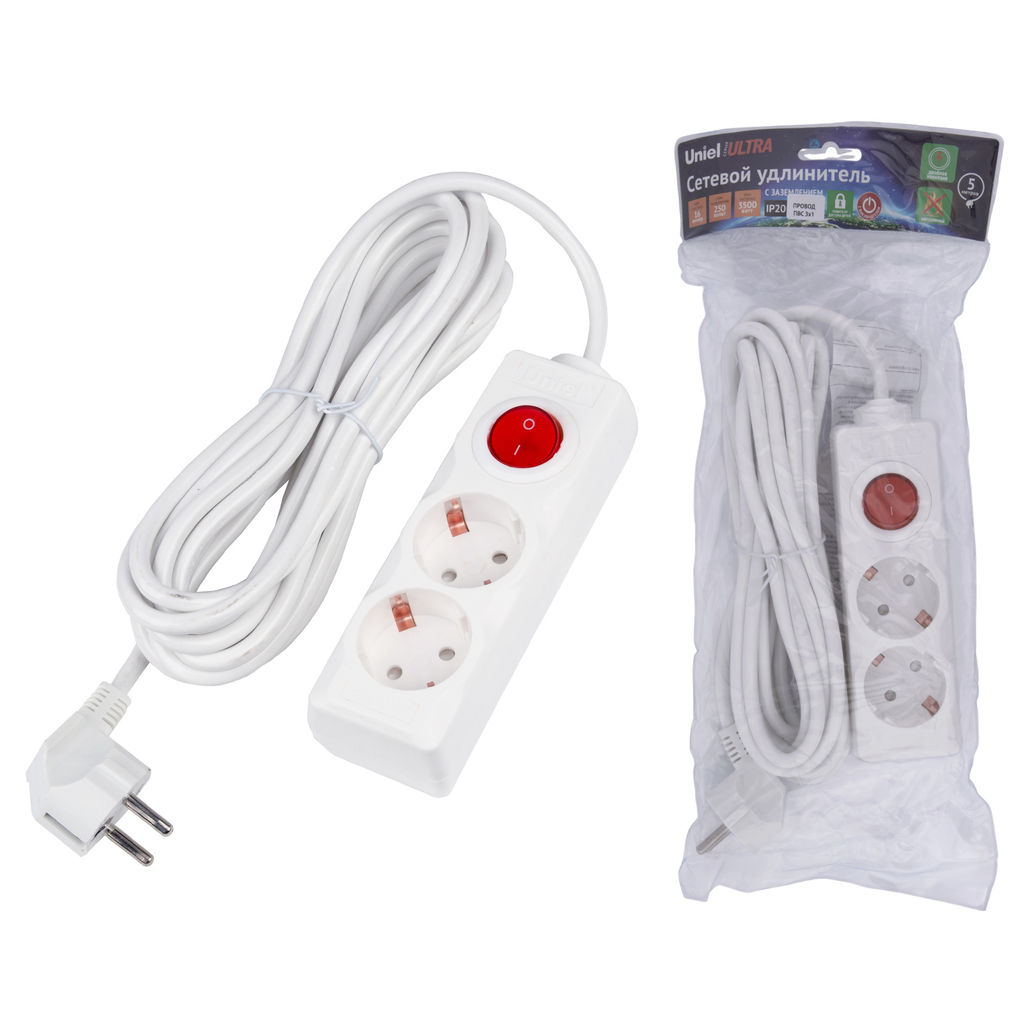 S-GCU2-5B WHITE Удлинитель серии Ultra, шнур 5м., 2 гнезда, 16A, с/з. Белый. TM Uniel