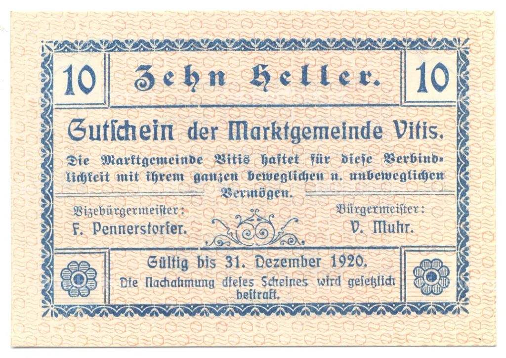 10 геллеров 1920 года Австрия  Нотгельд