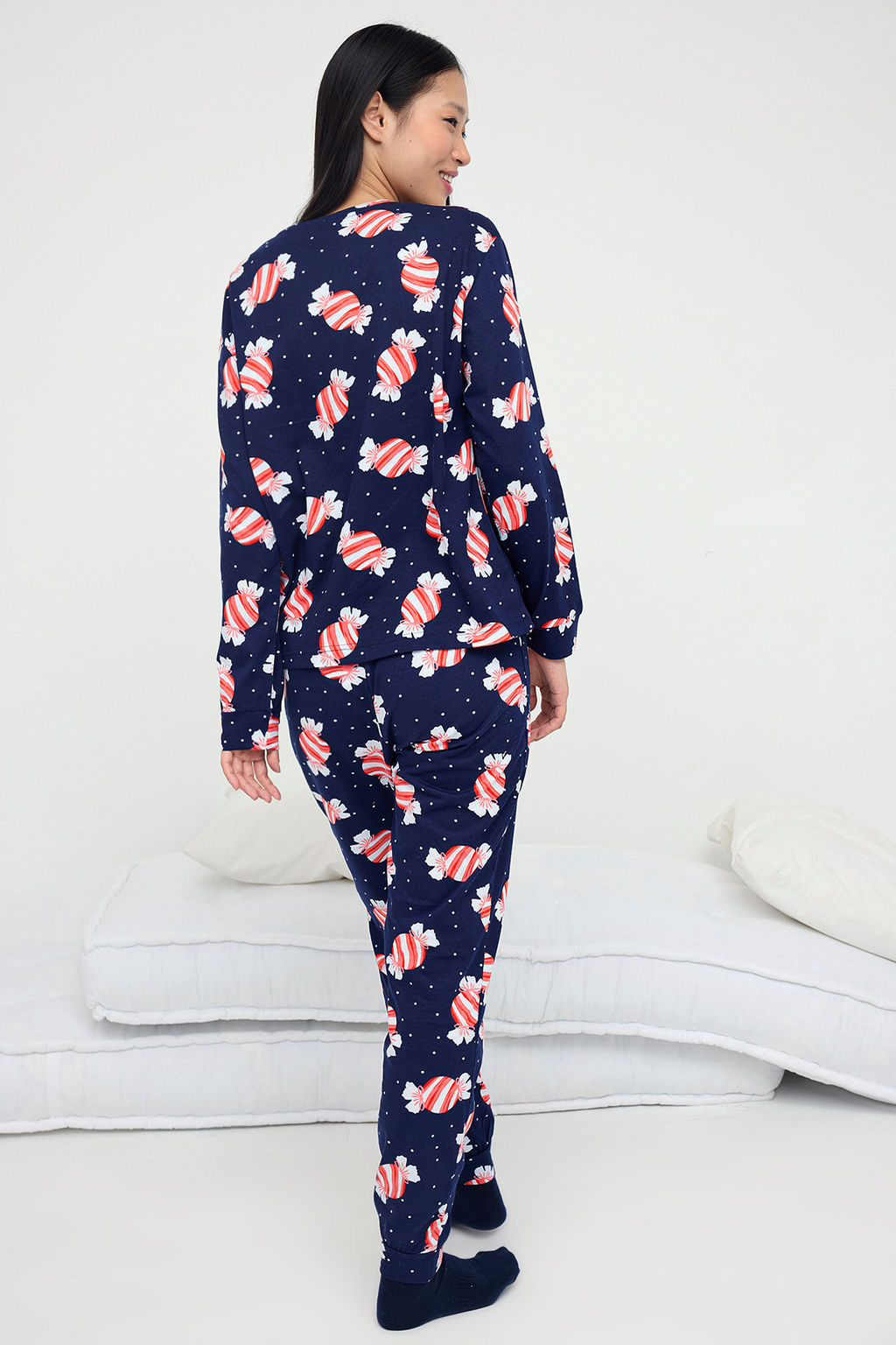 Teen Lacivert %100 Pamuklu Eglenceli Seker Bask?l? Orme Pijama Tak?m? THMAW26PT00018
