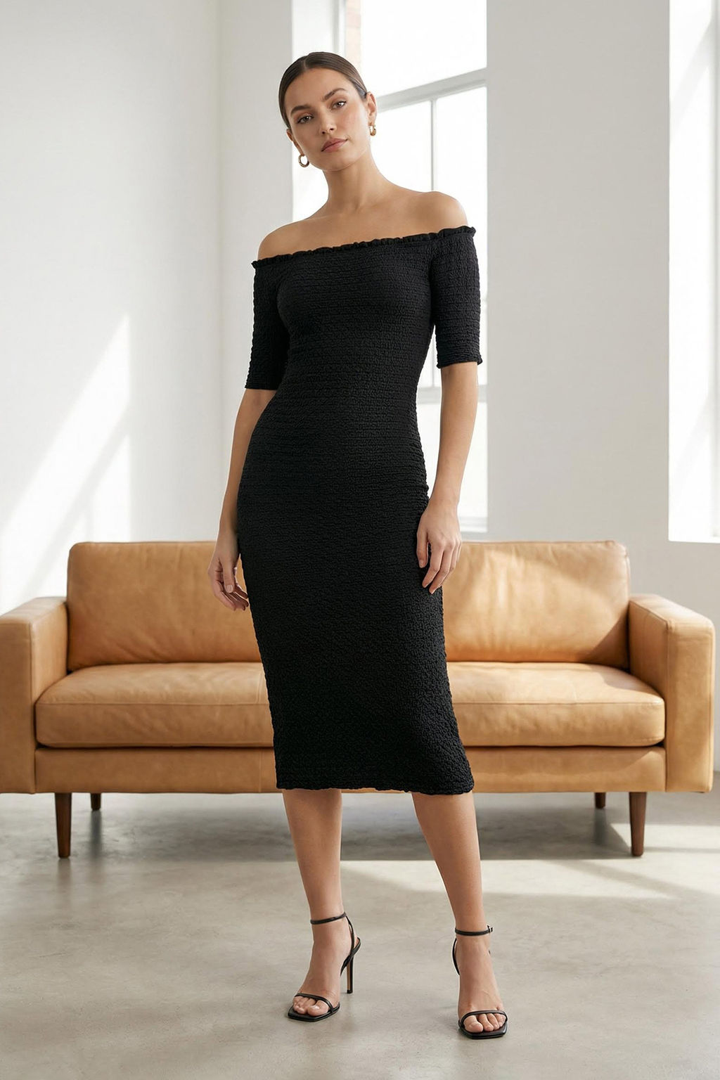 Siyah Duz Midi Dokulu Fitted/Vucuda Oturan Buzgulu Carmen Yaka Esnek Orme Elbise TWOSS25EL00067 - Trendyolmilla фото 23