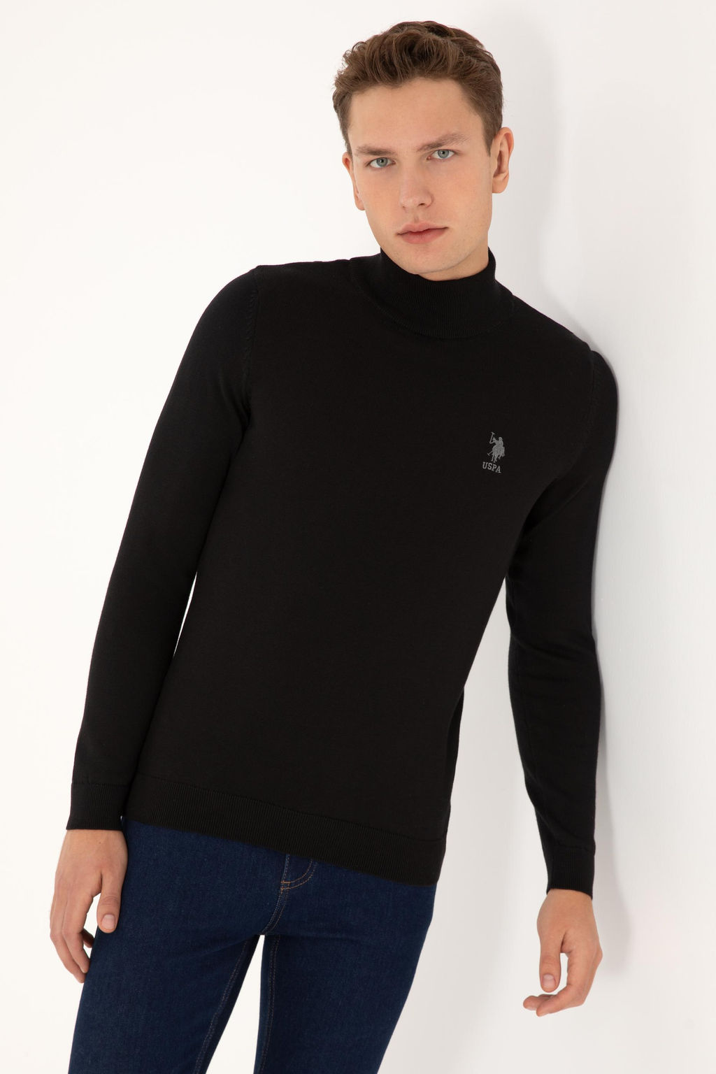 Erkek Slim Fit Yar_m Bal_k__ Yaka Siyah Basic Kazak - U.s. polo assn фото 3