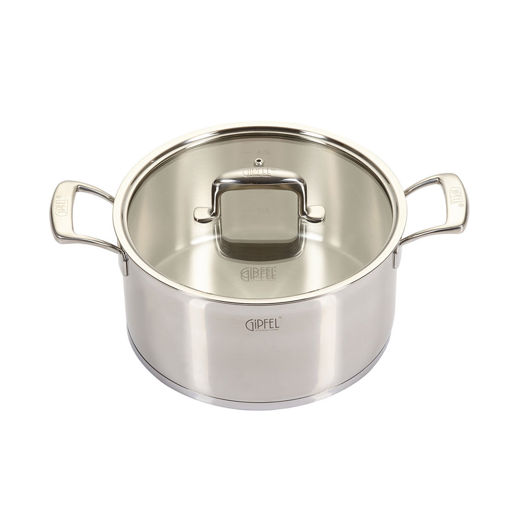 1235 GIPFEL Кастрюля PRESTIGE 24х12см/5л, со стеклянной крышкой, с индукционным капсульным дном. Материал: нерж. сталь 18/10. Толщина: 0,7мм / 5мм