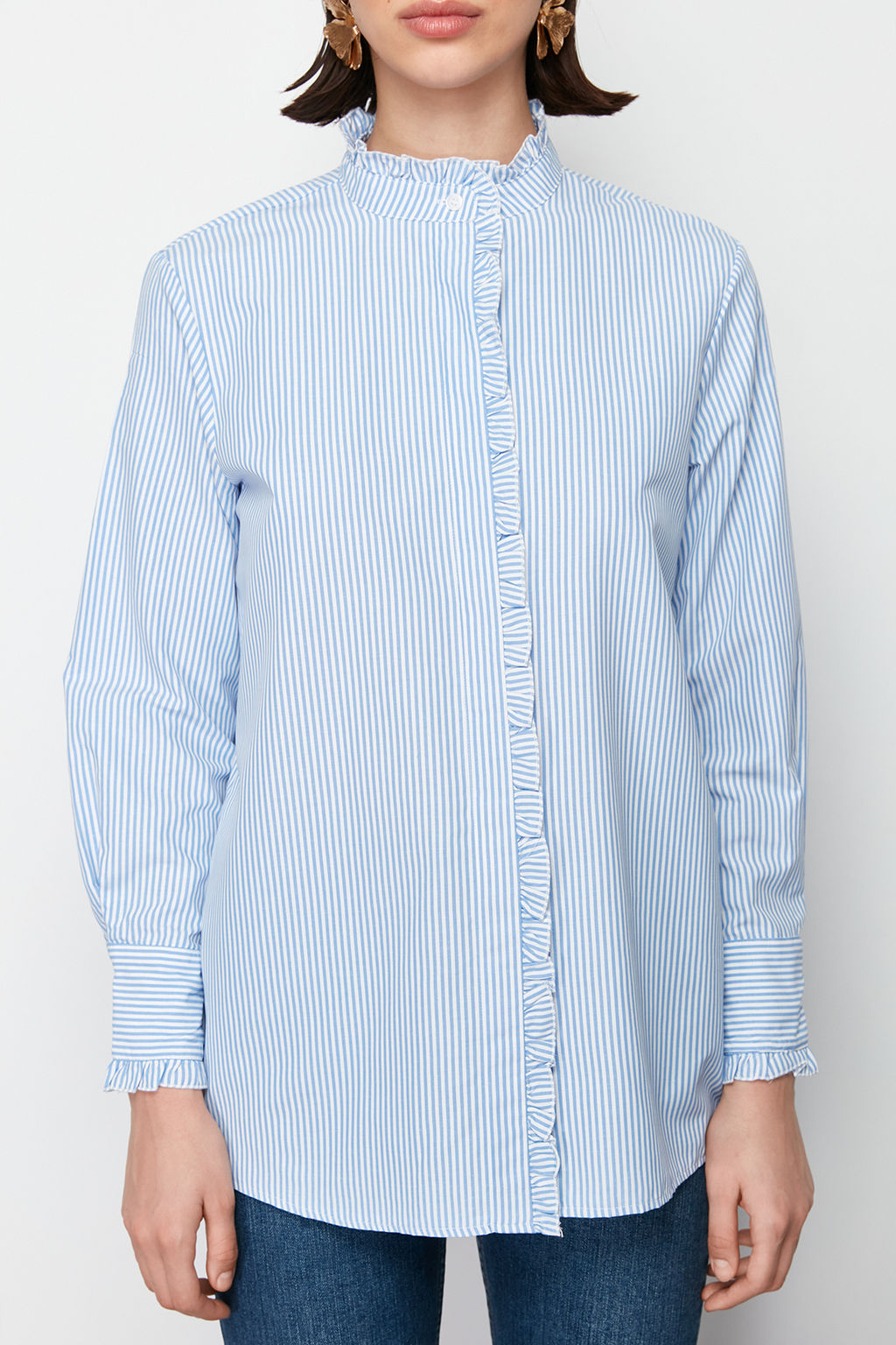 TRENDYOLMILLA Mavi Cizgili Pat? ve Yakas? F?rf?r Detayl? Dokuma Gomlek TWOSS24GO00083  фото 4