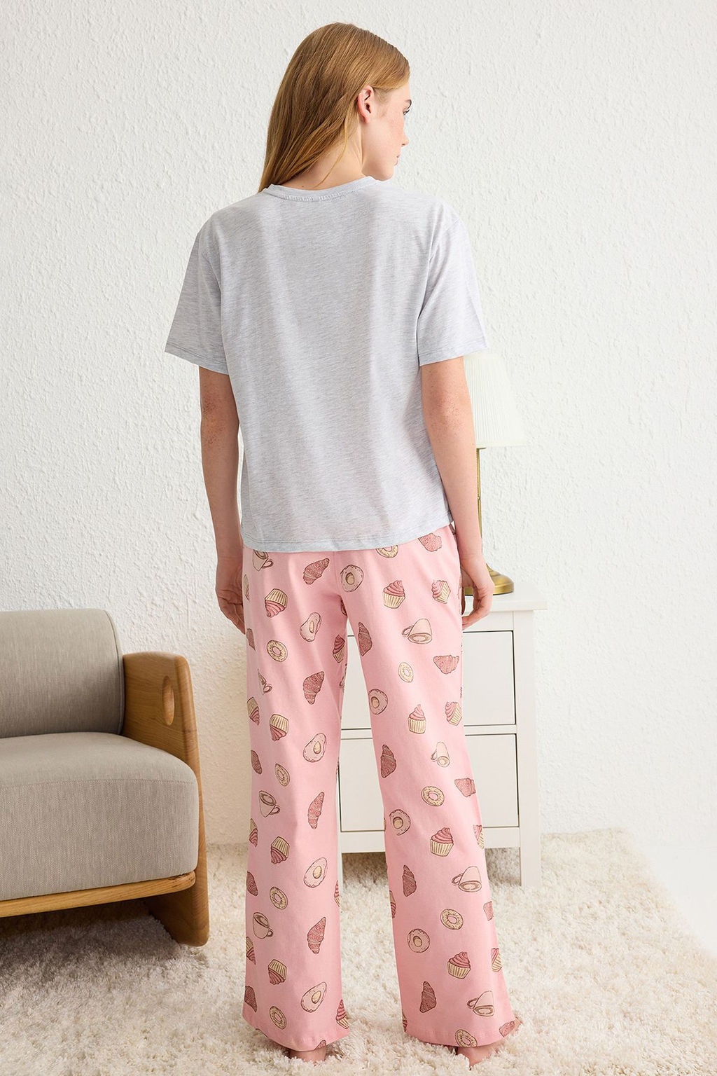 Trendyolmilla Gri Melanj %100 Pamuklu Slogan Bask?l? Orme Pijama Tak?m? THMSS25PT00162  фото 5