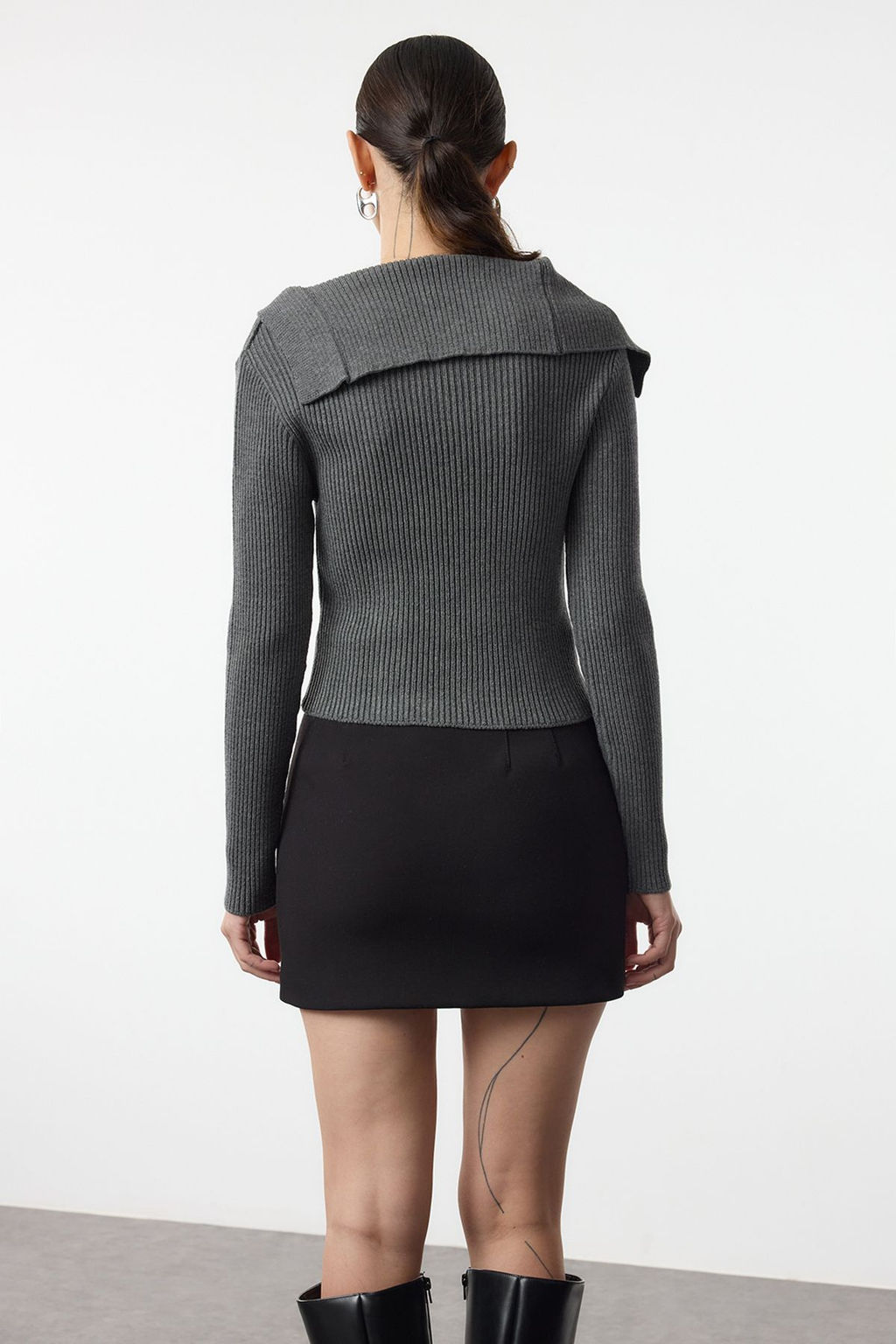 Antrasit Merserize Gorunumlu Premium Iplik/Ozel Iplik Fitted/Vucudu Saran Triko H?rka TWOAW25HI00254