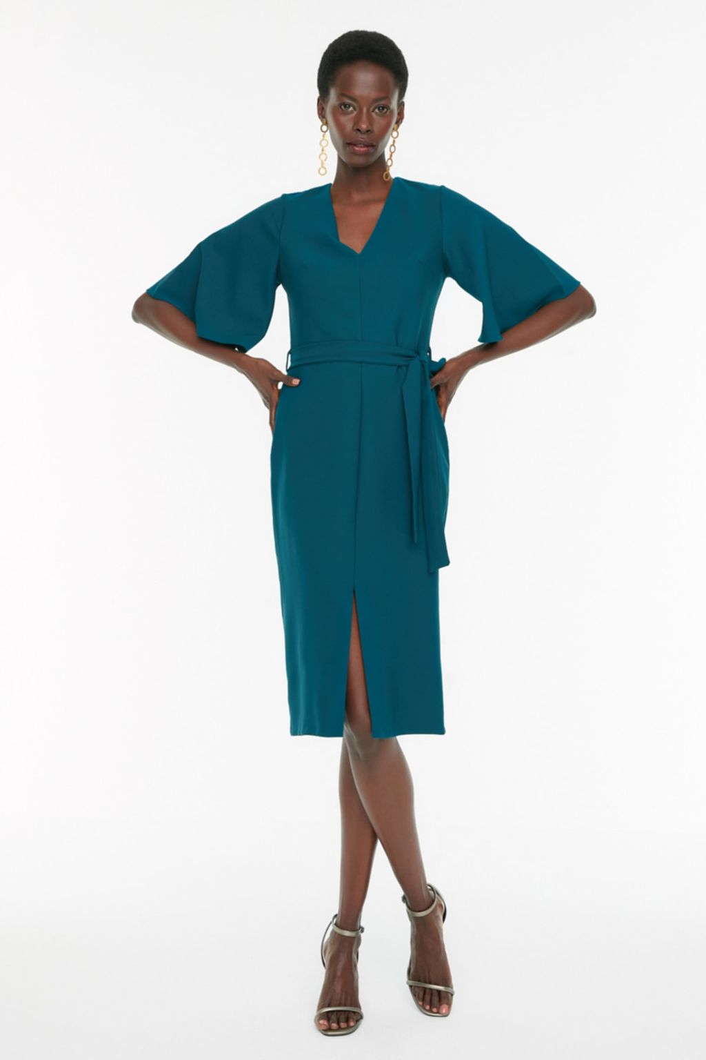 Ordek Bas? Yesili Kusakl? Vucuda Oturan Y?rtmacl? Midi Kalem Etek Dokuma Elbise TOFAW19BB0167